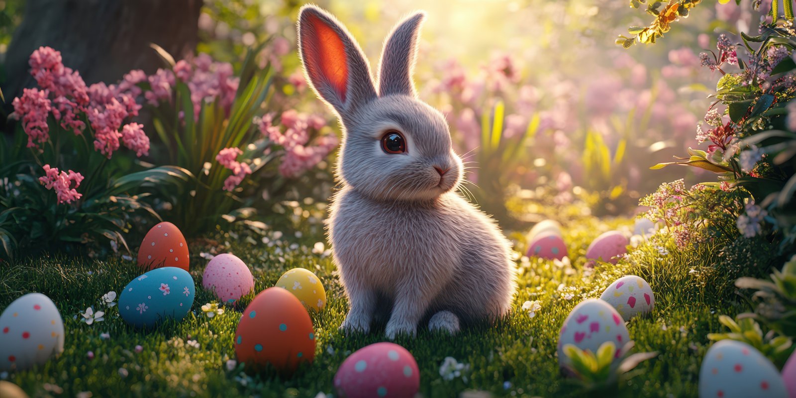 Cute rabbit sitting among colorful easter eggs in a vibrant garden during springtime